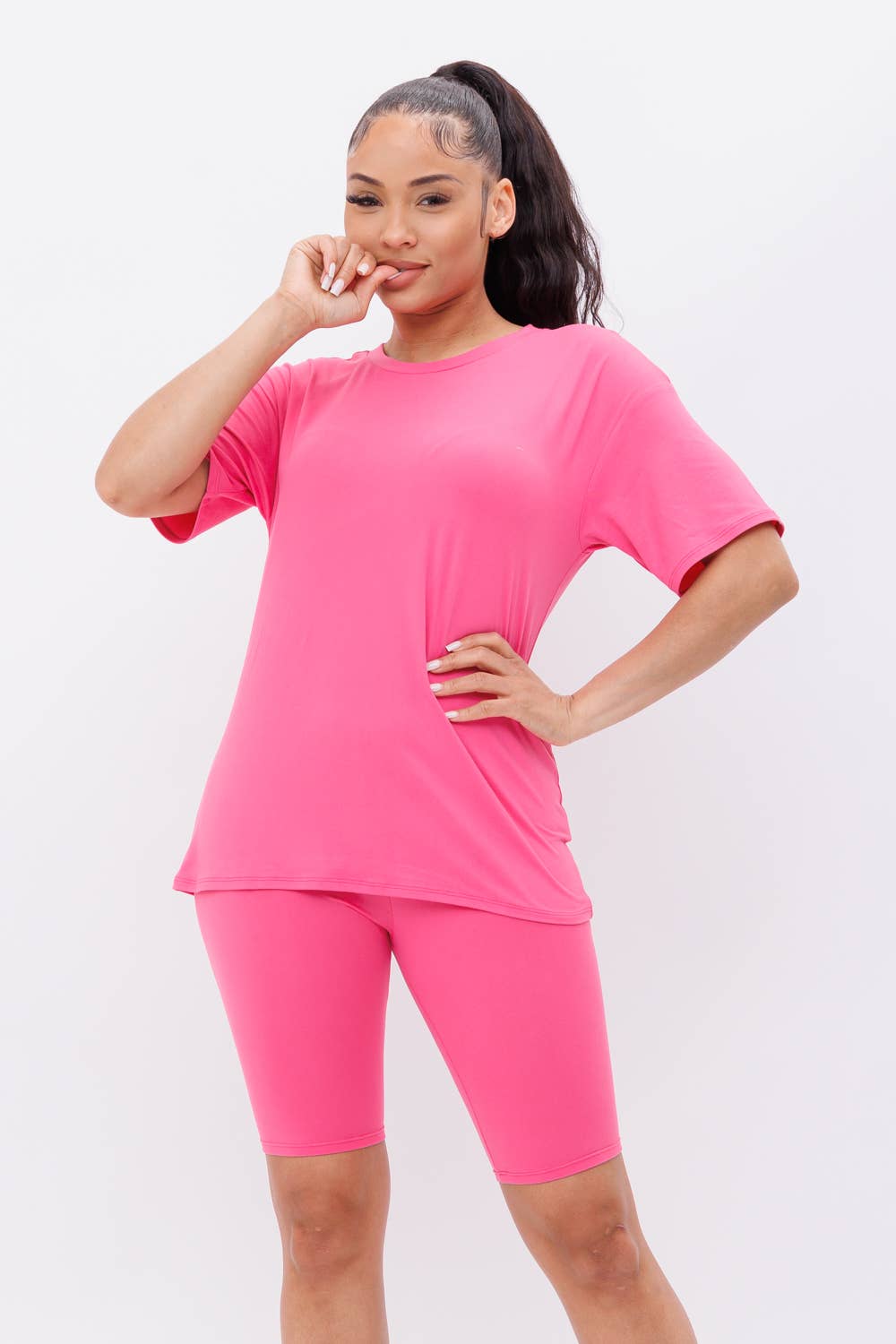 Round Neck Basic T-Shirts Top and Bike Shorts Set: Taupe / 1-2-2-1 (S-M-L-XL)