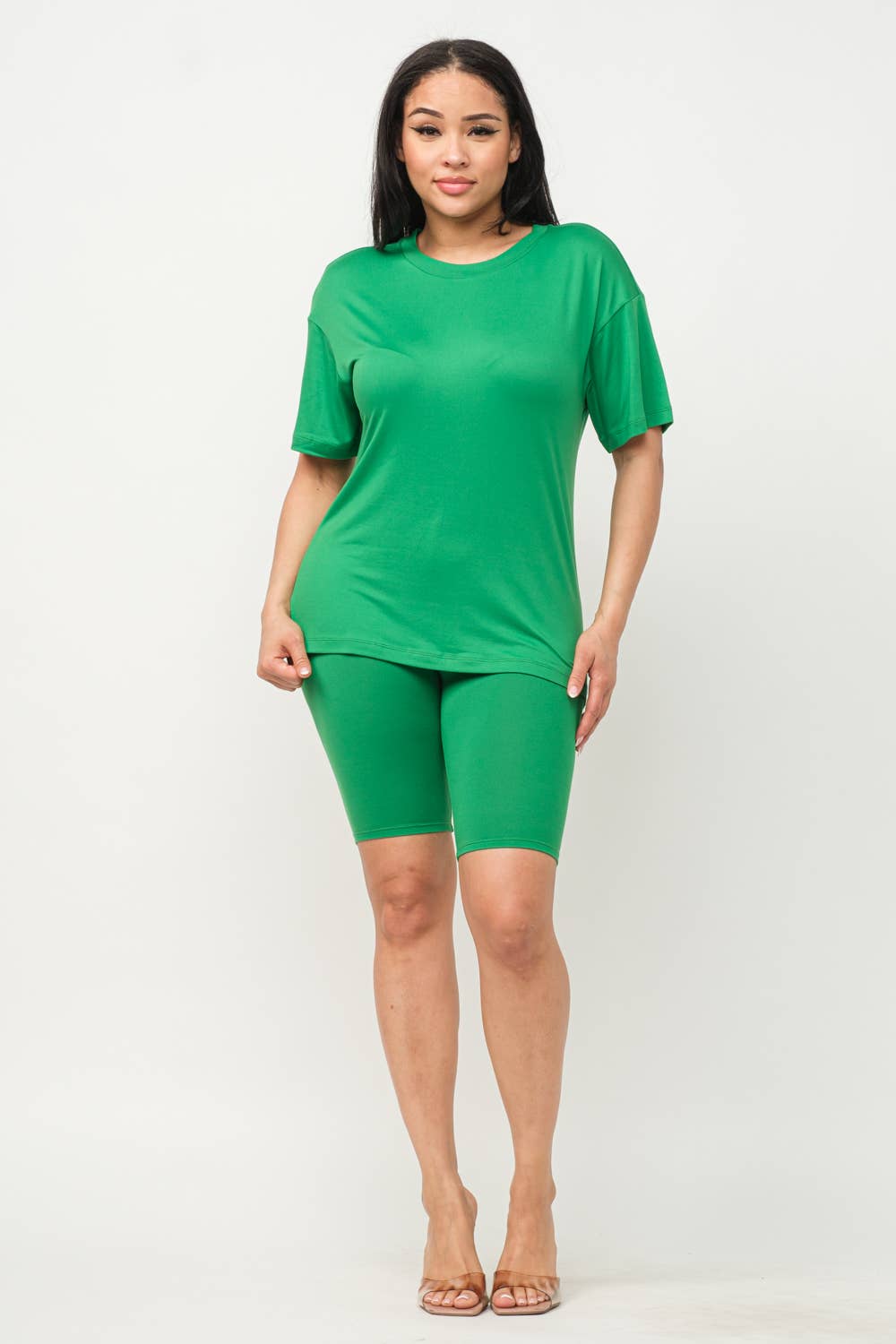 Round Neck Basic T-Shirts Top and Bike Shorts Set: Taupe / 1-2-2-1 (S-M-L-XL)