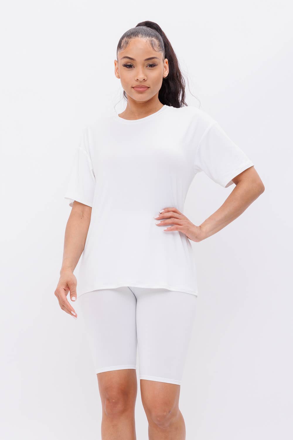 Round Neck Basic T-Shirts Top and Bike Shorts Set: Taupe / 1-2-2-1 (S-M-L-XL)