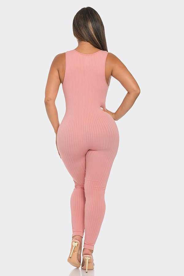 Seamless Ribbed Split V Neck Jumpsuit: One Size / BLACK