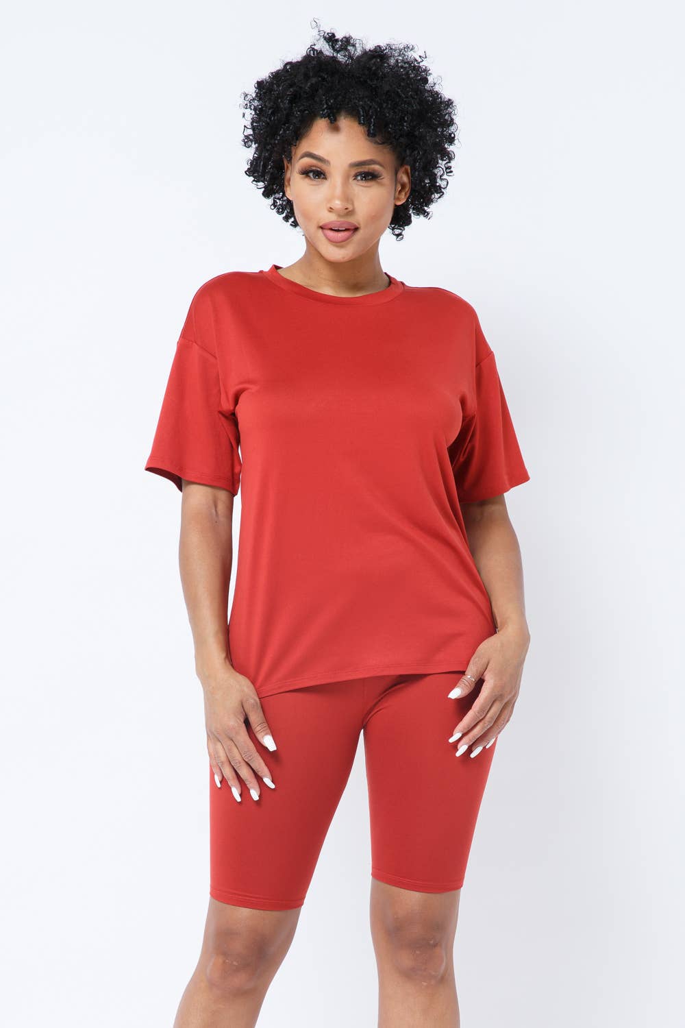 Round Neck Basic T-Shirts Top and Bike Shorts Set: Taupe / 1-2-2-1 (S-M-L-XL)