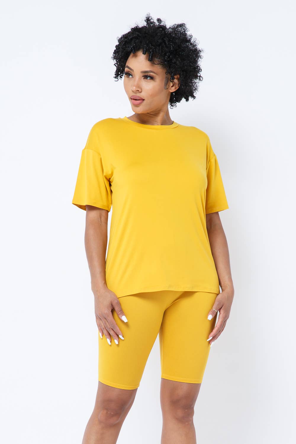 Round Neck Basic T-Shirts Top and Bike Shorts Set: Taupe / 1-2-2-1 (S-M-L-XL)