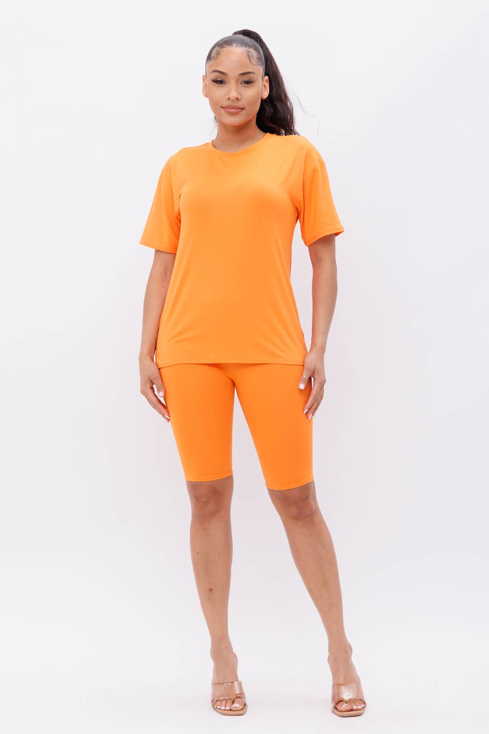 Round Neck Basic T-Shirts Top and Bike Shorts Set: Taupe / 1-2-2-1 (S-M-L-XL)