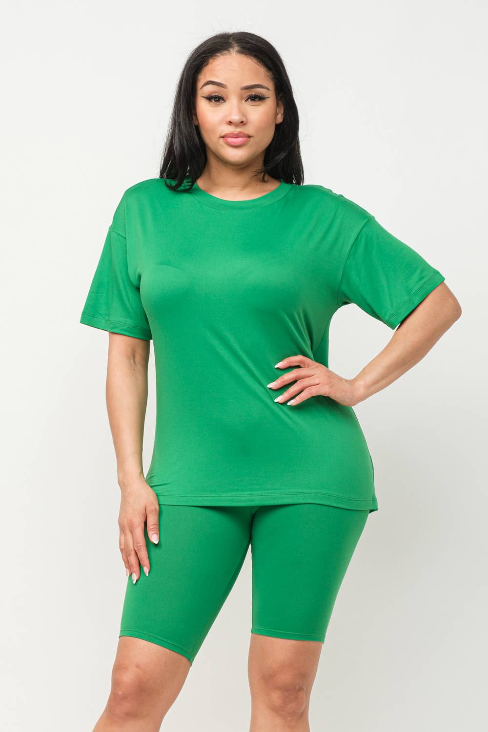 Round Neck Basic T-Shirts Top and Bike Shorts Set: Taupe / 1-2-2-1 (S-M-L-XL)