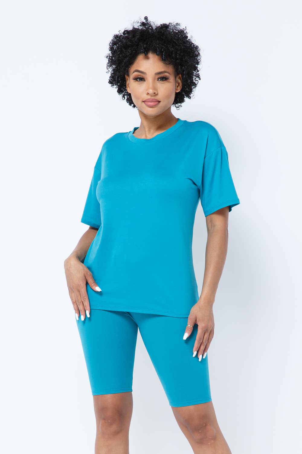 Round Neck Basic T-Shirts Top and Bike Shorts Set: Taupe / 1-2-2-1 (S-M-L-XL)