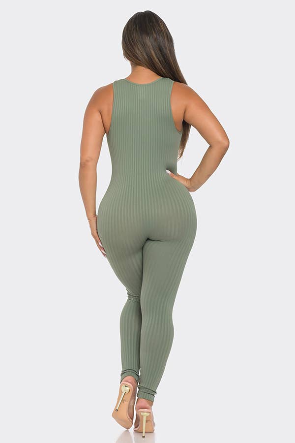 Seamless Ribbed Split V Neck Jumpsuit: One Size / BLACK