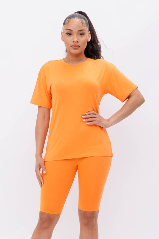 Round Neck Basic T-Shirts Top and Bike Shorts Set: Taupe / 1-2-2-1 (S-M-L-XL)