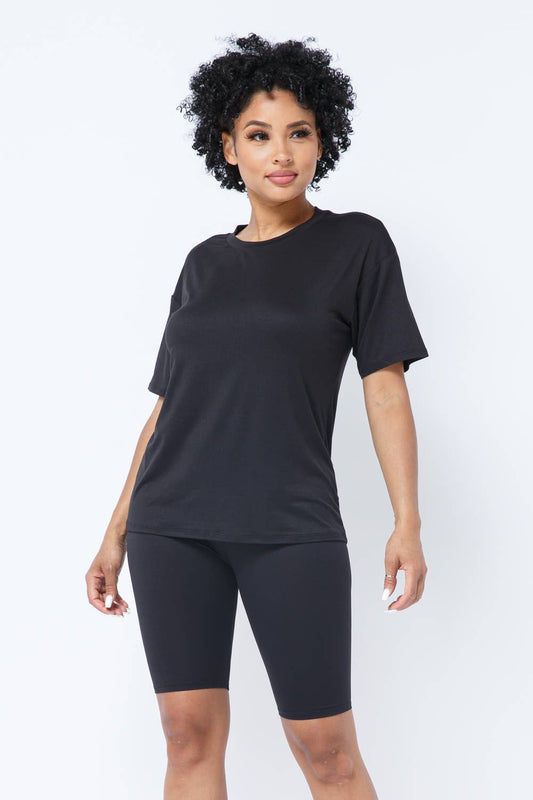 Round Neck Basic T-Shirts Top and Bike Shorts Set: Black / 1-2-2-1 (S-M-L-XL)