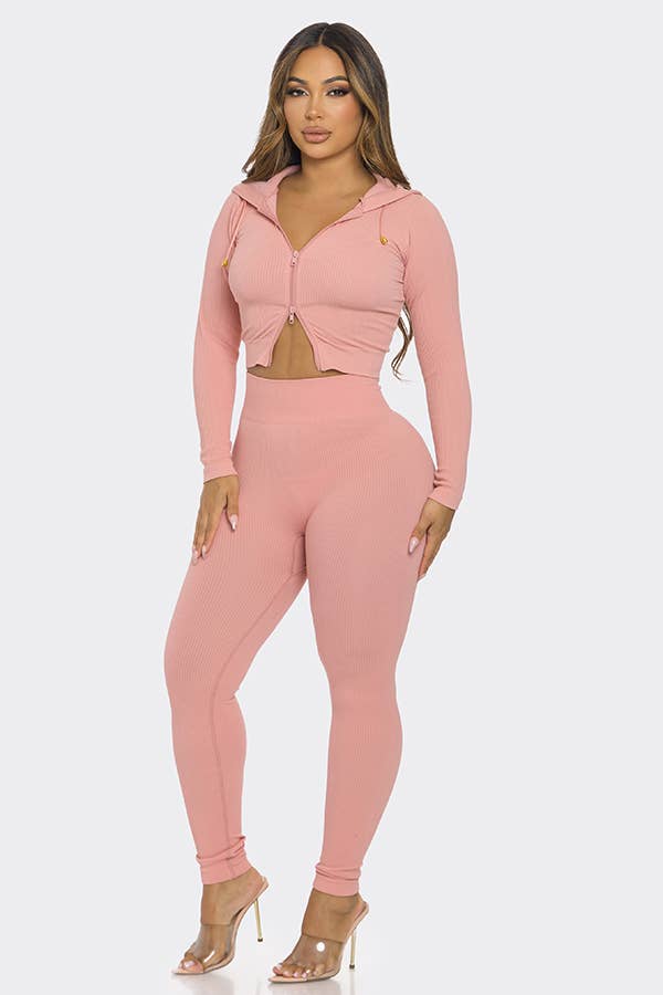 2 Pcs Seamless Long Sleeve Hoodie and Highwaist Legging Set: 3 S/M / 3 L/XL / BLACK