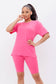 Round Neck Basic T-Shirts Top and Bike Shorts Set: Taupe / 1-2-2-1 (S-M-L-XL)