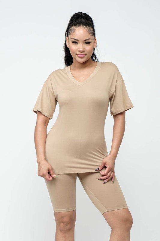 Round Neck Basic T-Shirts Top and Bike Shorts Set: Taupe / 1-2-2-1 (S-M-L-XL)