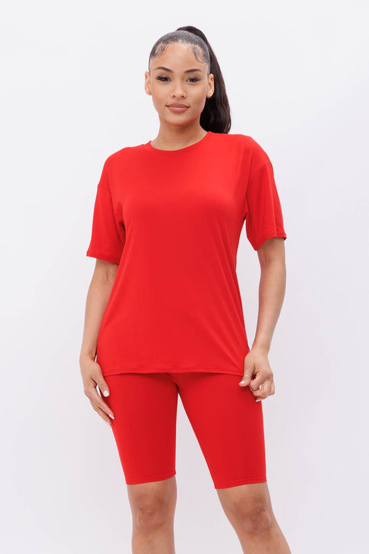 Round Neck Basic T-Shirts Top and Bike Shorts Set: Red / 1-2-2-1 (S-M-L-XL)