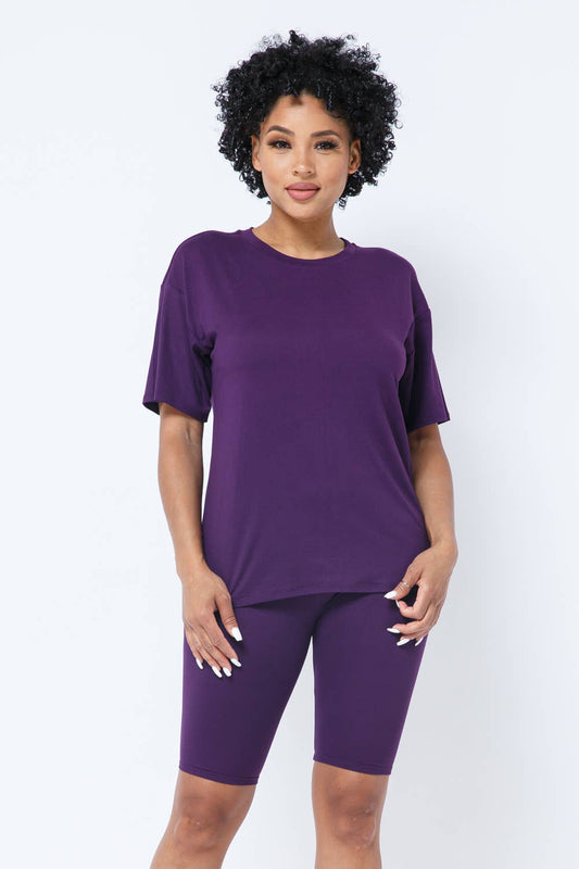 Round Neck Basic T-Shirts Top and Bike Shorts Set: Eggplant / 1-2-2-1 (S-M-L-XL)