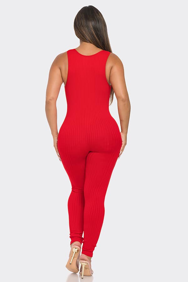 Seamless Ribbed Split V Neck Jumpsuit: One Size / BLACK