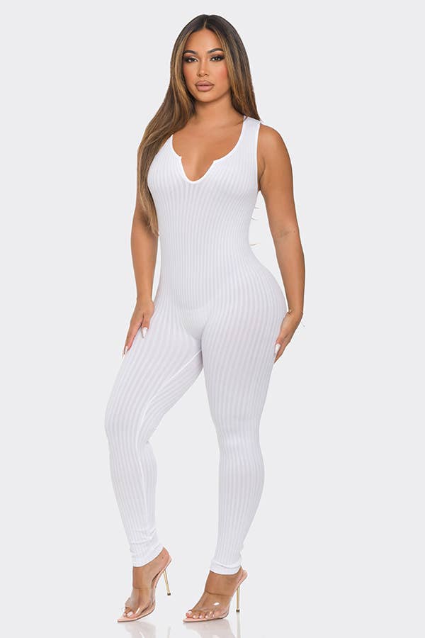 Seamless Ribbed Split V Neck Jumpsuit: One Size / BLACK
