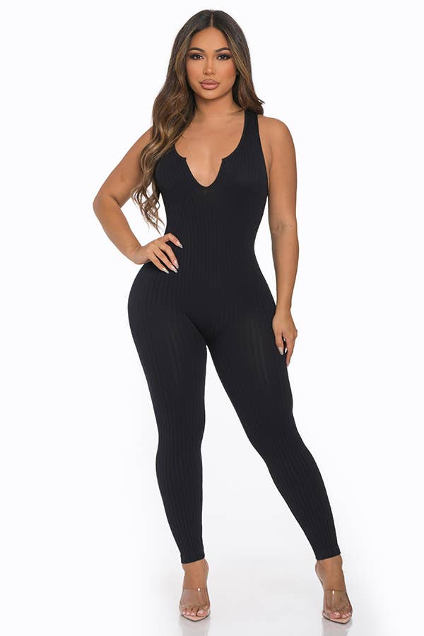 Seamless Ribbed Split V Neck Jumpsuit: One Size / BLACK
