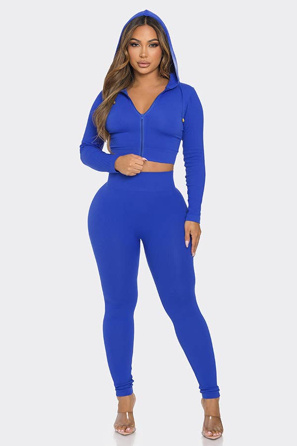 2 Pcs Seamless Long Sleeve Hoodie and Highwaist Legging Set: 3 S/M / 3 L/XL / BLACK