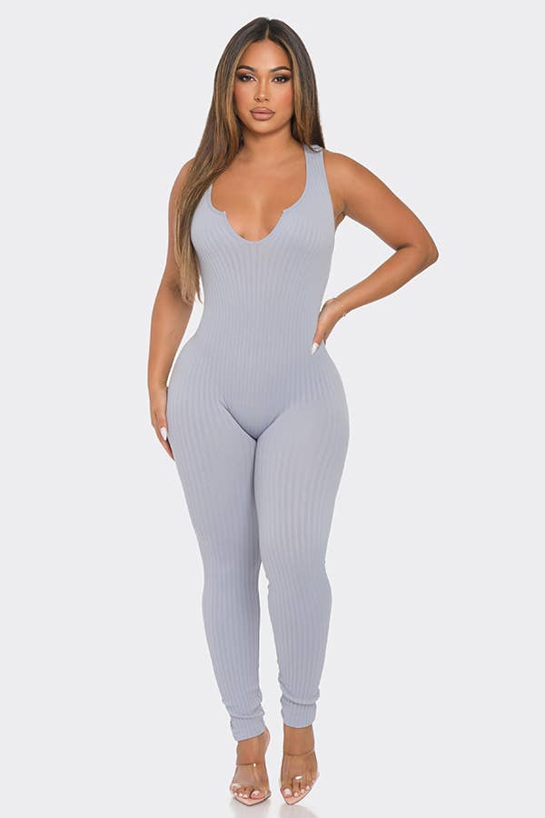 Seamless Ribbed Split V Neck Jumpsuit: One Size / ROYAL BLUE