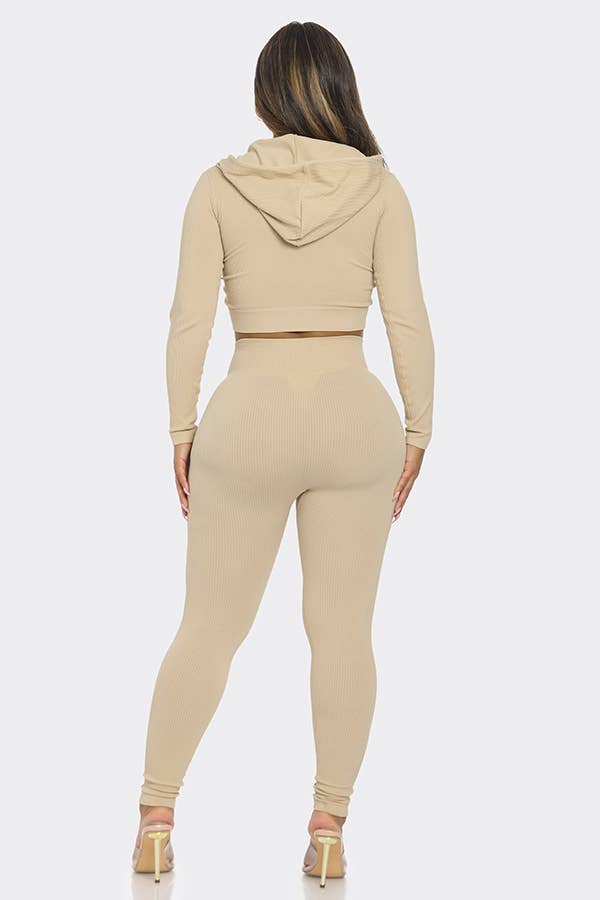 2 Pcs Seamless Long Sleeve Hoodie and Highwaist Legging Set: 3 S/M / 3 L/XL / BLACK