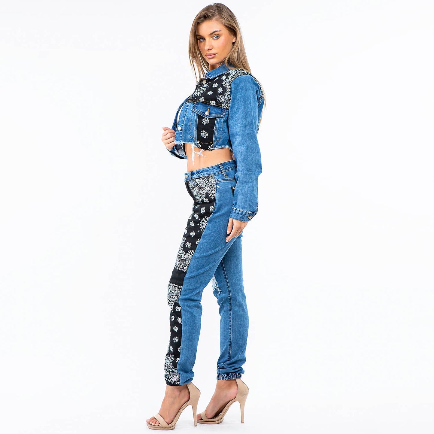 BANDANA PATCH JACKET JEANS SET-SET20324: MEDIUM / BLACK