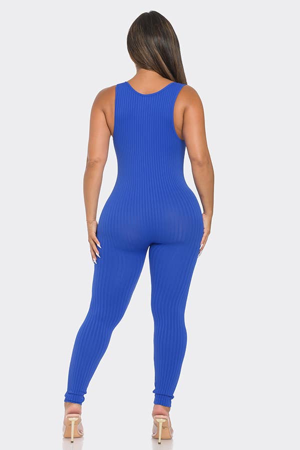 Seamless Ribbed Split V Neck Jumpsuit: One Size / BLACK