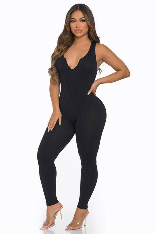 Seamless Ribbed Split V Neck Jumpsuit: One Size / BLACK