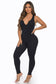 Seamless Ribbed Split V Neck Jumpsuit: One Size / BLACK