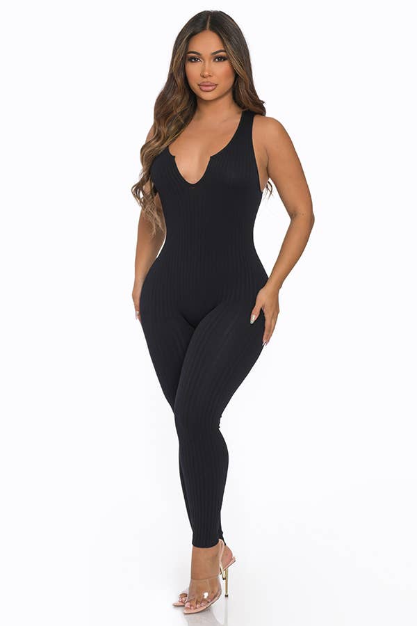 Seamless Ribbed Split V Neck Jumpsuit: One Size / BLACK