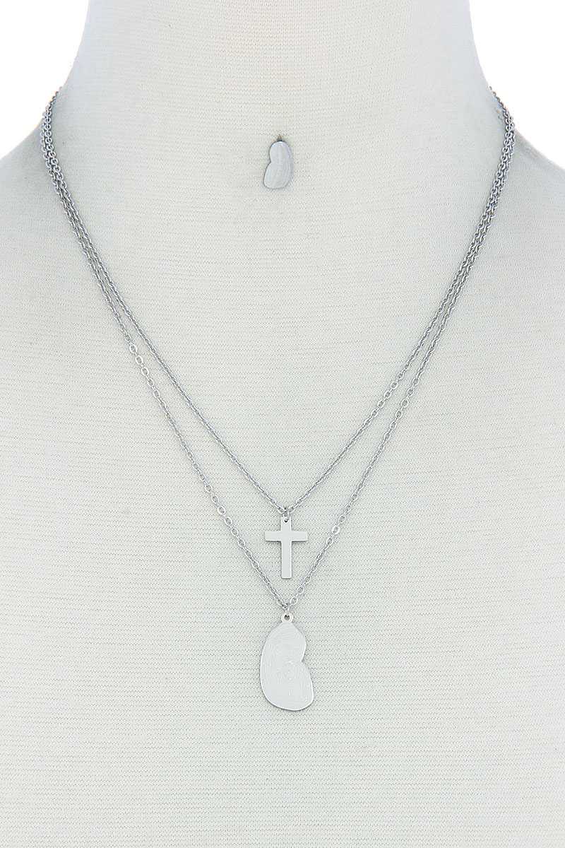 Stylish Double Layer Cross And Mary Necklace And Earring set