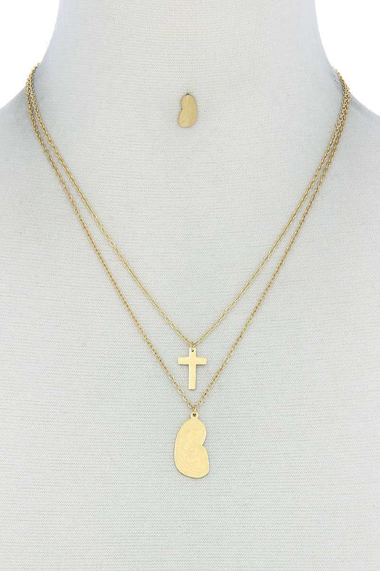 Stylish Double Layer Cross And Mary Necklace And Earring set