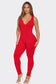 Seamless Ribbed Split V Neck Jumpsuit: One Size / BLACK
