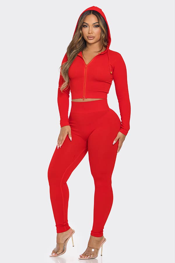 2 Pcs Seamless Long Sleeve Hoodie and Highwaist Legging Set: 3 S/M / 3 L/XL / BLACK