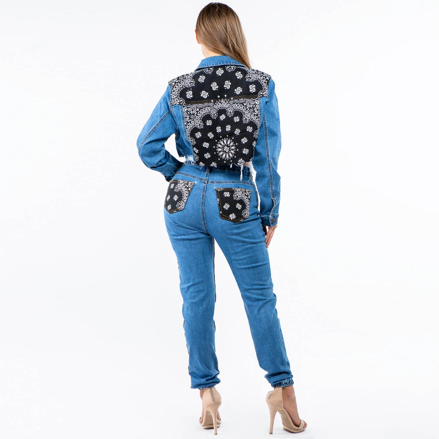 BANDANA PATCH JACKET JEANS SET-SET20324: MEDIUM / BLACK