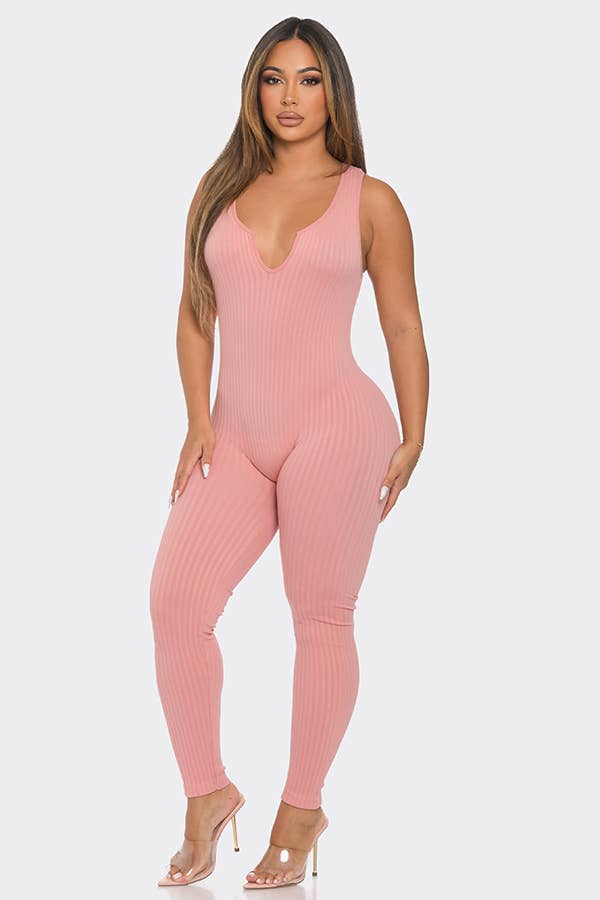Seamless Ribbed Split V Neck Jumpsuit: One Size / ROYAL BLUE