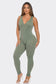 Seamless Ribbed Split V Neck Jumpsuit: One Size / BLACK