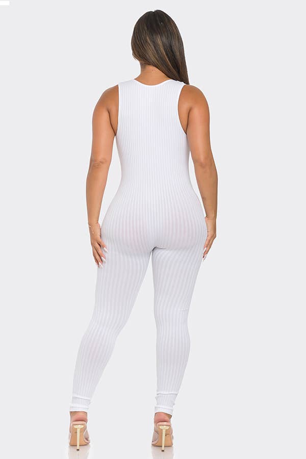 Seamless Ribbed Split V Neck Jumpsuit: One Size / BLACK