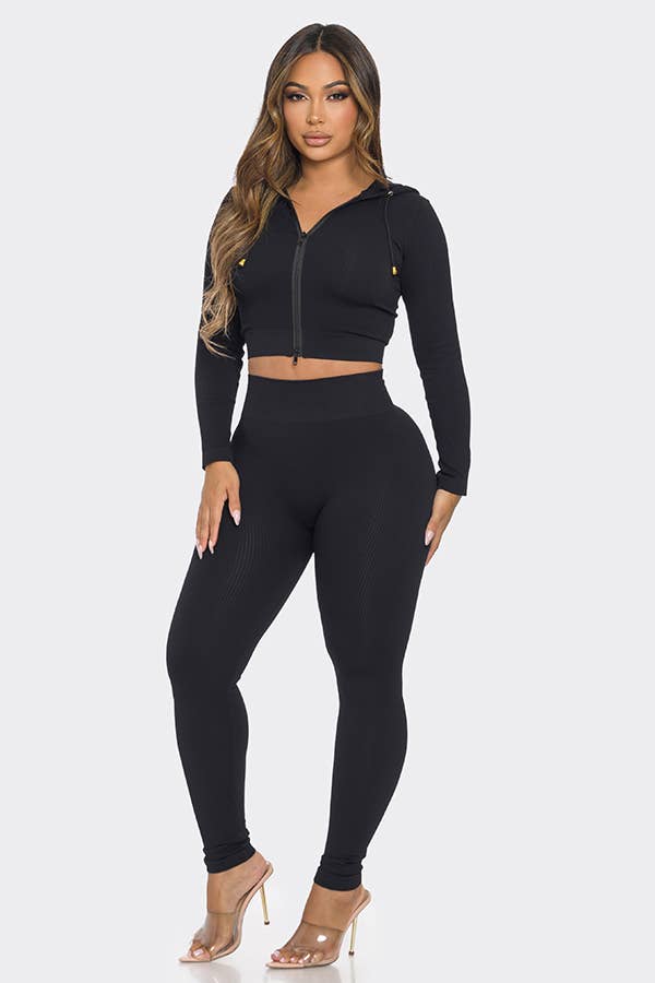2 Pcs Seamless Long Sleeve Hoodie and Highwaist Legging Set: 3 S/M / 3 L/XL / BLACK