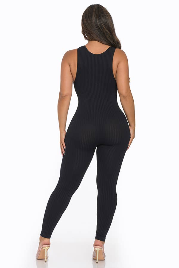Seamless Ribbed Split V Neck Jumpsuit: One Size / BLACK