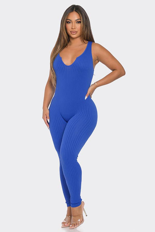 Seamless Ribbed Split V Neck Jumpsuit: One Size / ROYAL BLUE