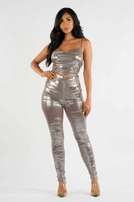 Metallic ruched set: S / TAUPE